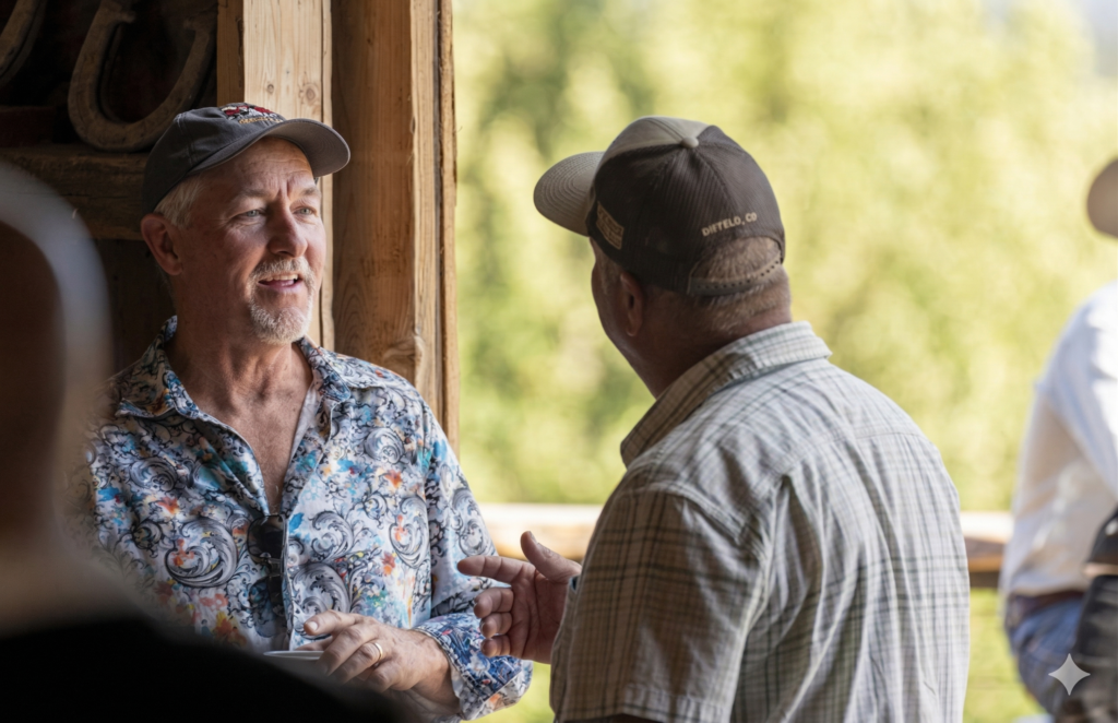 Guests chatting and enjoying conversation inside a rustic barn setting at a Colorado ranch gathering.
