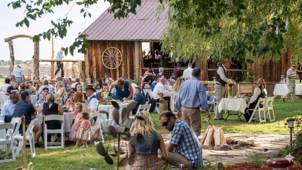 outdoor ranch reception near a historic barn with guests seated at tables, creating a lively and welcoming Colorado gathering atmosphere.