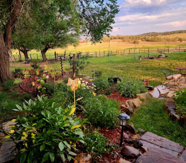 Rustic garden landscape at Three Willows Ranch in Colorado with flowers, trees, and countryside views