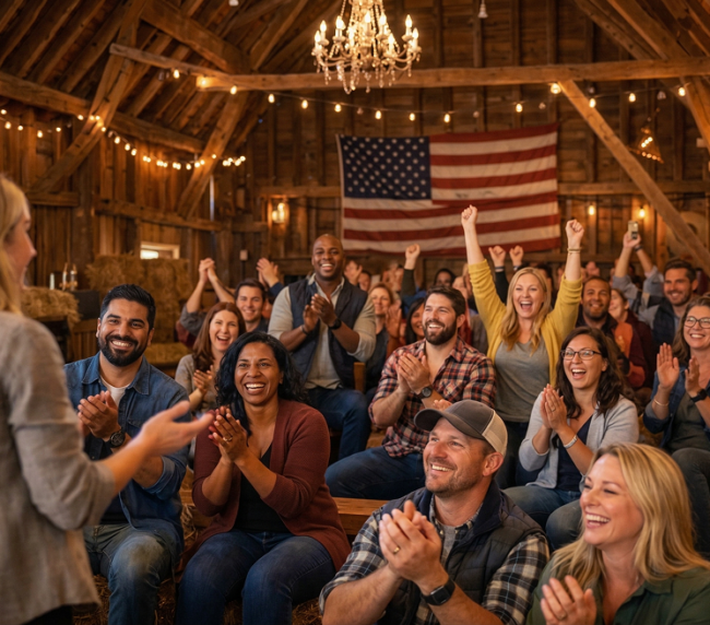 Guests cheering and applauding during a lively indoor gathering inside a rustic barn with string lights and chandelier at a Colorado ranch gathrings.