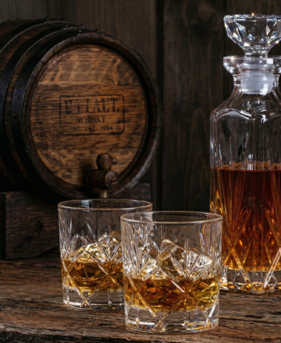 Crystal whiskey decanter with glasses on a wooden table beside a vintage barrel, creating an elegant rustic atmosphere for intimate ranch events.