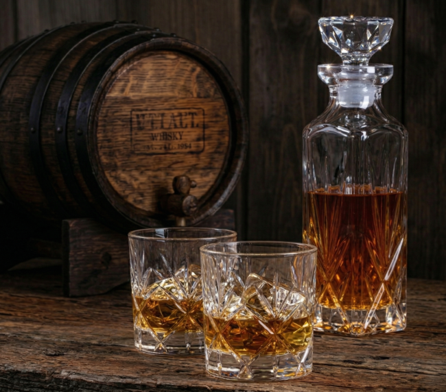 Crystal whiskey decanter with glasses on a wooden table beside a vintage barrel, creating an elegant rustic atmosphere for intimate ranch events.