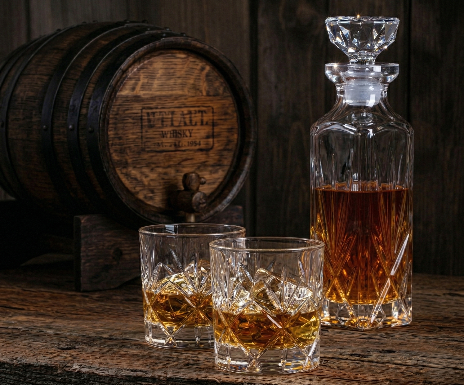 Crystal whiskey decanter with glasses on a wooden table beside a vintage barrel, creating an elegant rustic atmosphere for intimate ranch events.