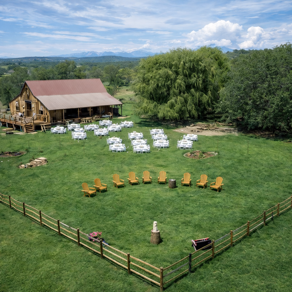 Outdoor event near rustic barn
