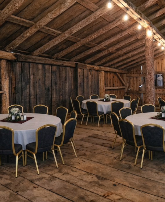 A wide-angle photograph of the interior of a rustic wooden barn decorated for a formal reception.