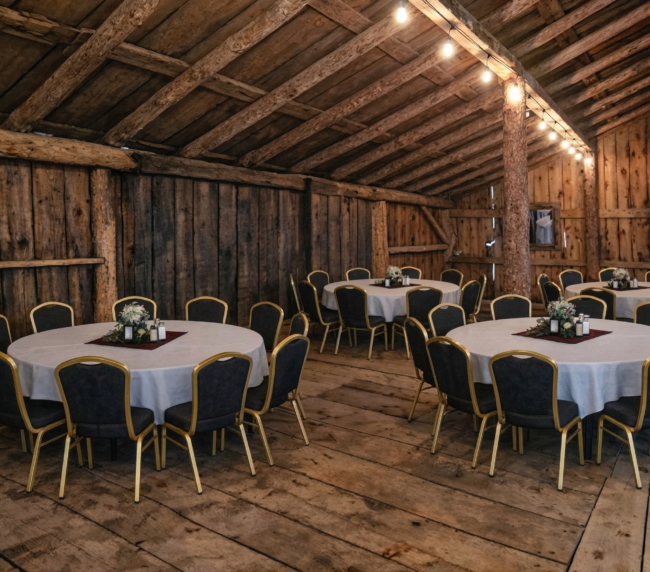 A wide-angle photograph of the interior of a rustic wooden barn decorated for a formal reception.