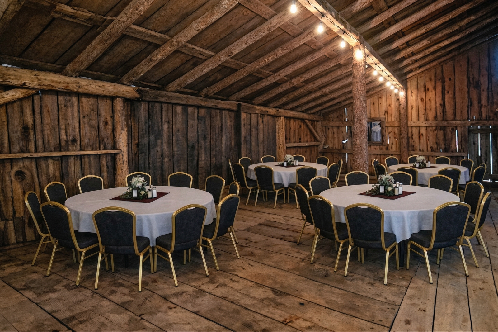 A wide-angle photograph of the interior of a rustic wooden barn decorated for a formal reception.