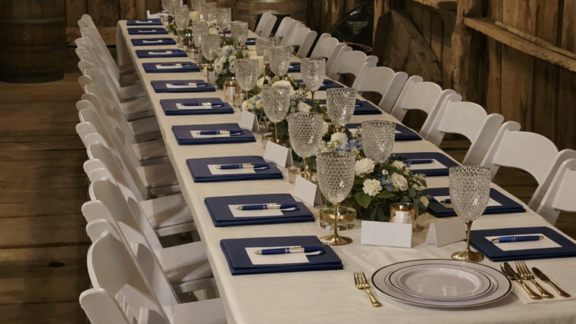 Rustic barn event table with white chairs, blue napkins, crystal goblets, and floral centerpieces.