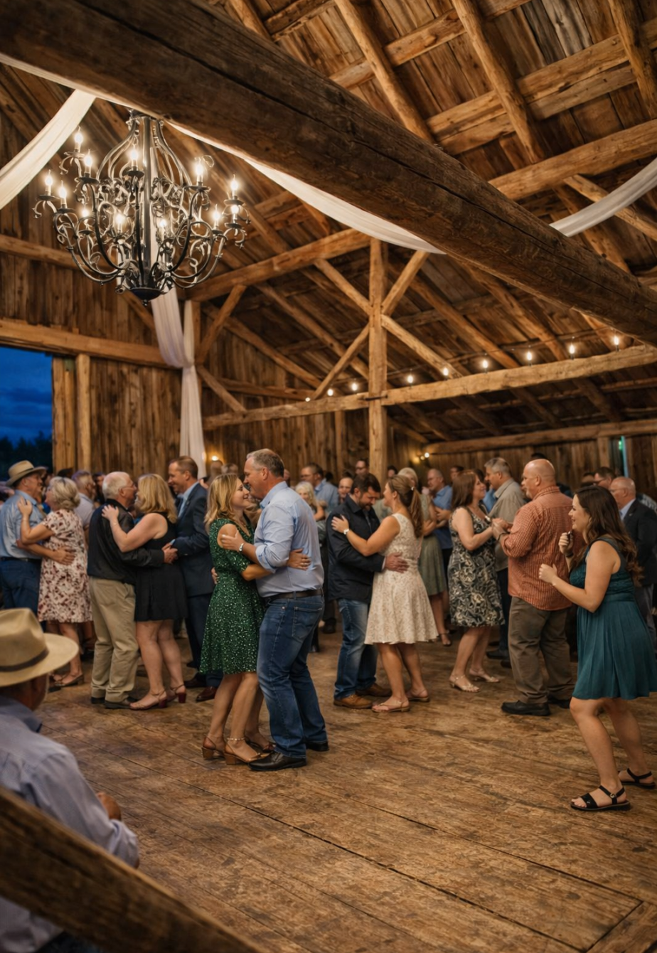 Rustic barn wedding reception with couples dancing under chandelier lighting and wooden beams in a warm, cozy indoor venue