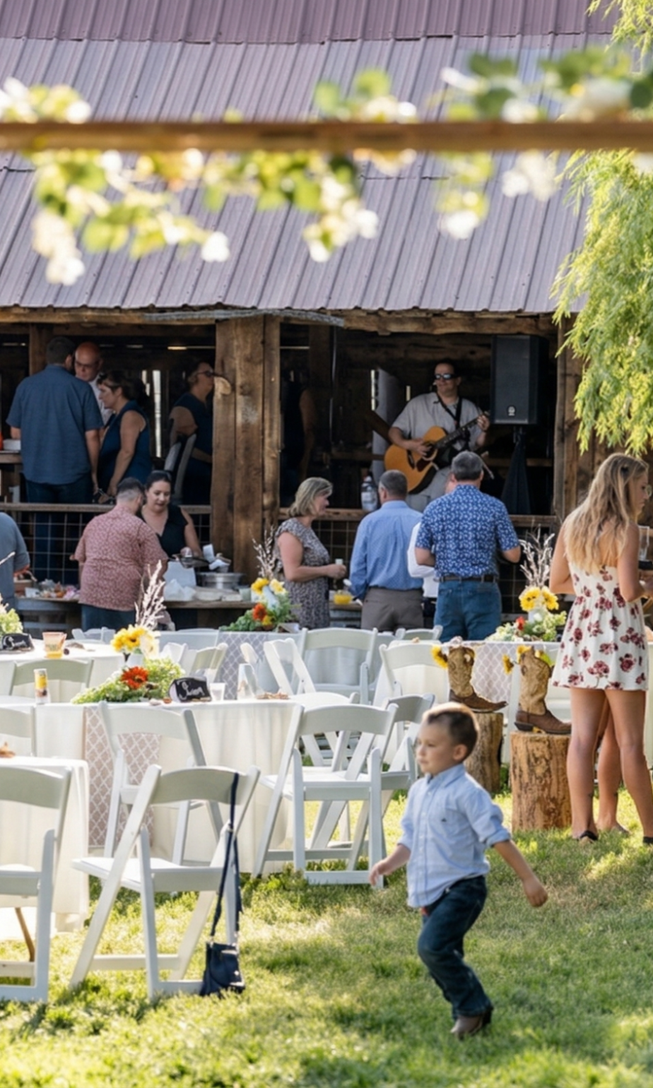 Guests mingling at an outdoor reception near a rustic barn at Three Willows Ranch, with tables, greenery, and a lively countryside atmosphere.